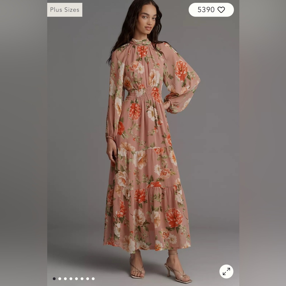 The Somerset Long-Sleeve Mock-Neck Chiffon Maxi Dress Floral Pink Anthropologie